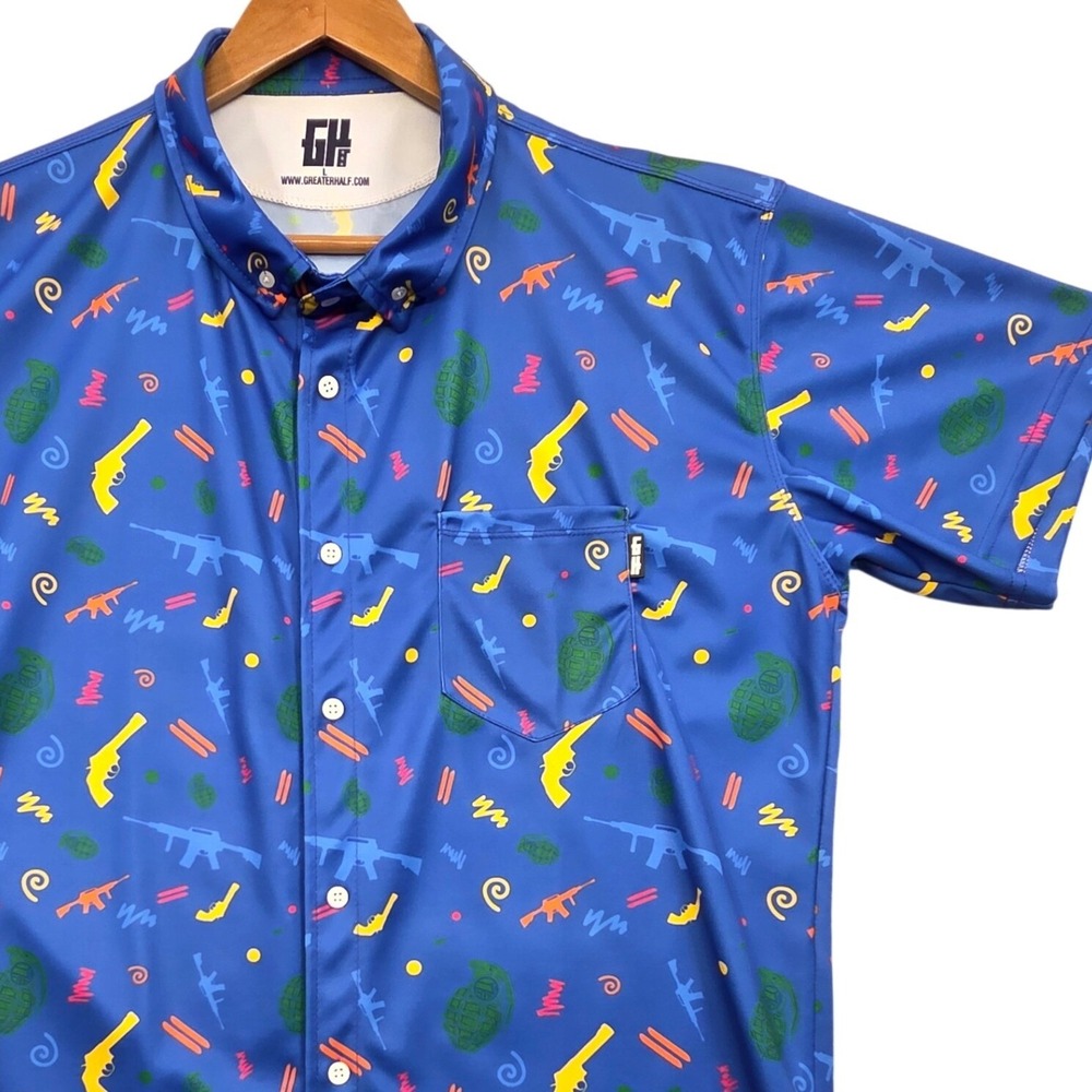Greater Half Gun AOP‎ Performance Button-Down Polo Shirt Blue Mens Large